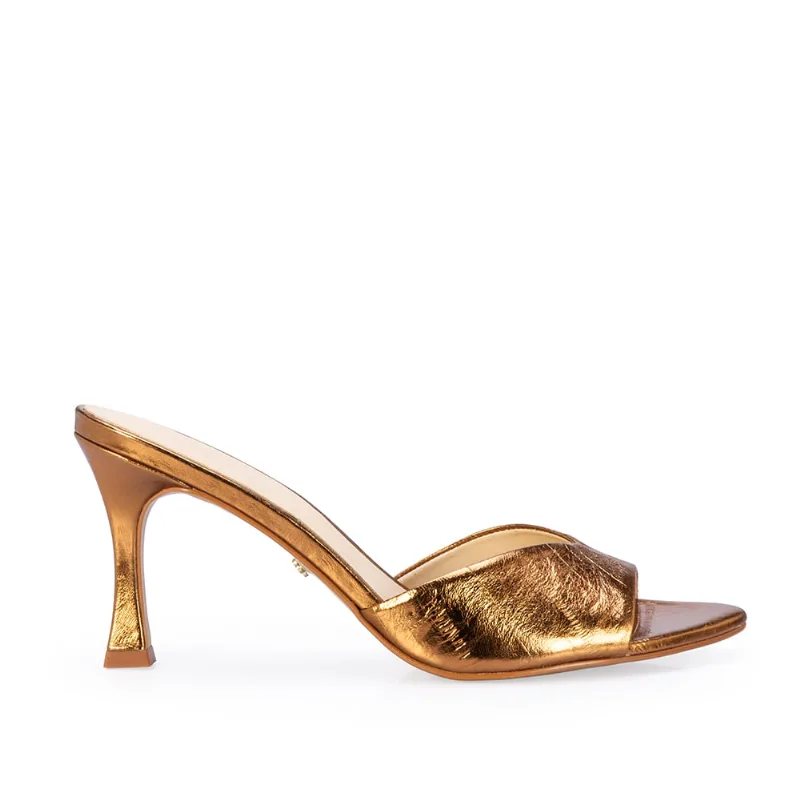 Mule Salto Alto Couro Metalizada Bronze 37