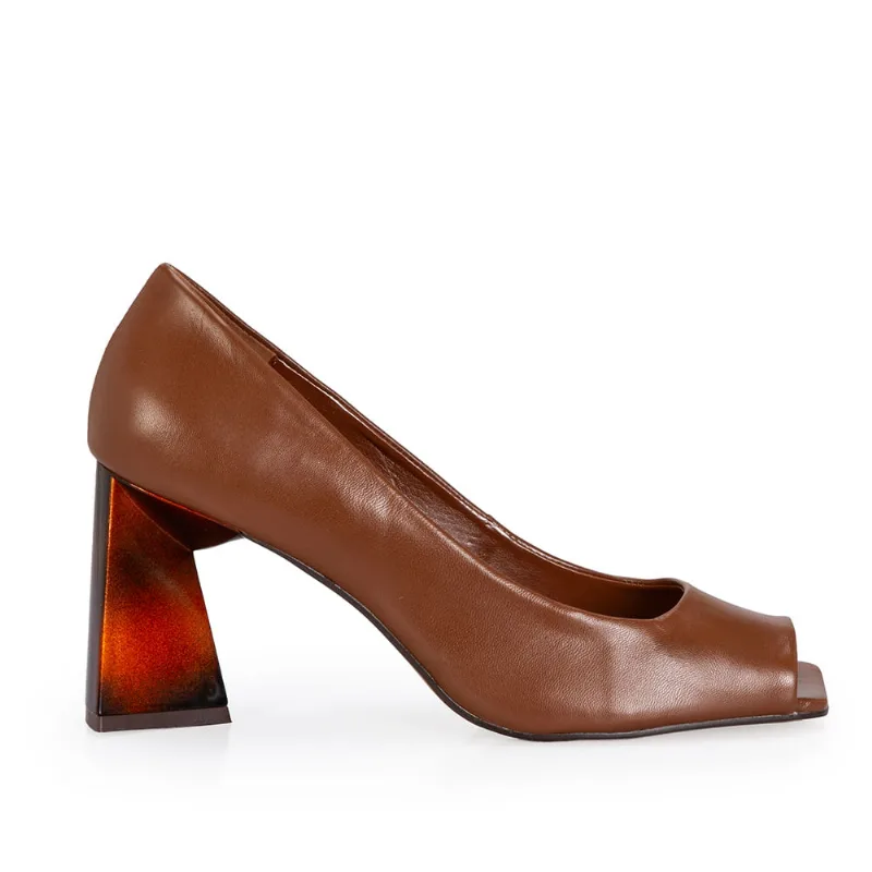 Peep Toe Couro Salto Alto Tortoise Marrom 34