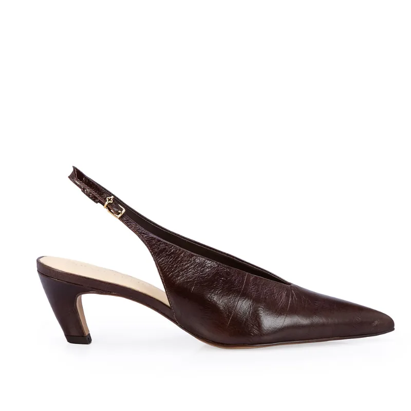 Scarpin Slingback Salto Baixo Couro Marrom 40