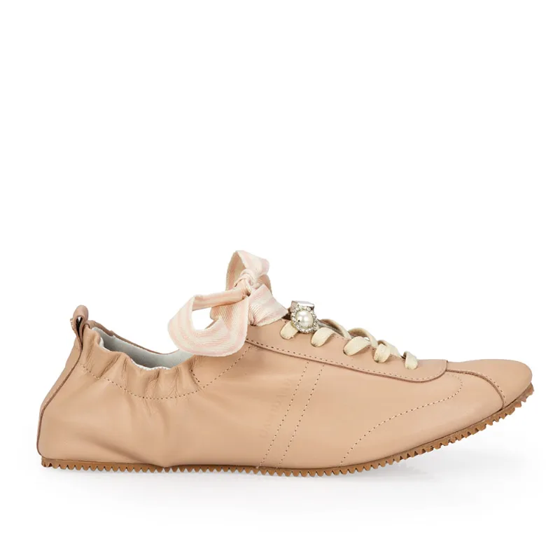 Tênis Ballerina Nude de Couro 5 Pins + 1 Atacador Listras Seda 36
