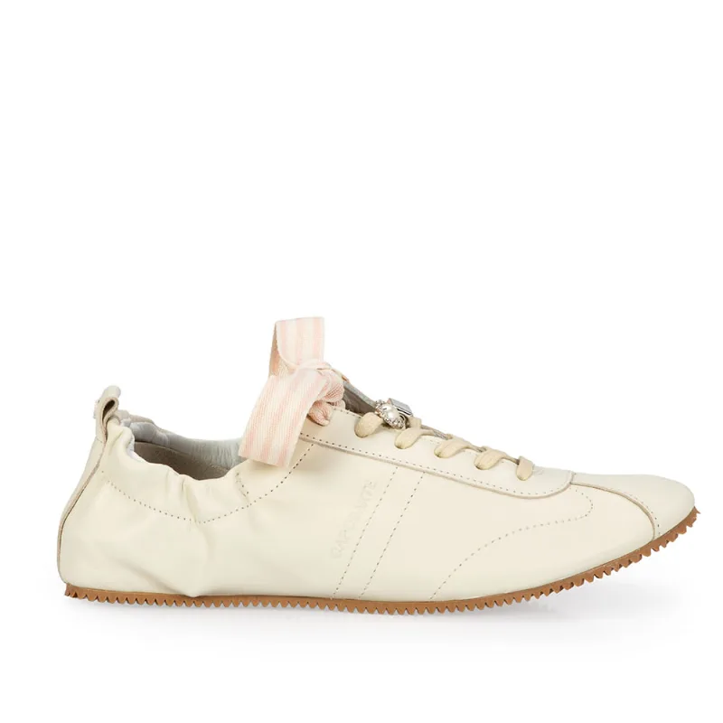 Tênis Ballerina Branco de Couro 5 Pins + 1 Atacador Nude Seda 38