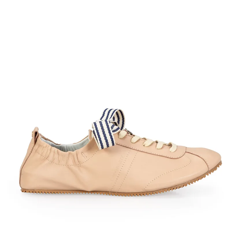 Tênis Ballerina Nude Seda de Couro 5 Pins + 1 Atacador Listras Marinho 35