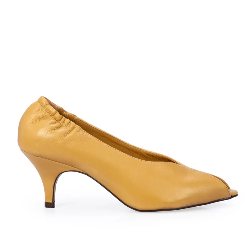 Peep Toe Salto Médio Couro Bege 37