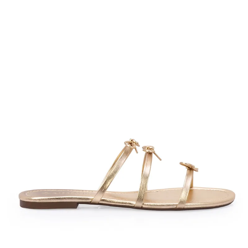 Chinelo Rasteiro Couro Dourado Com Laços 37