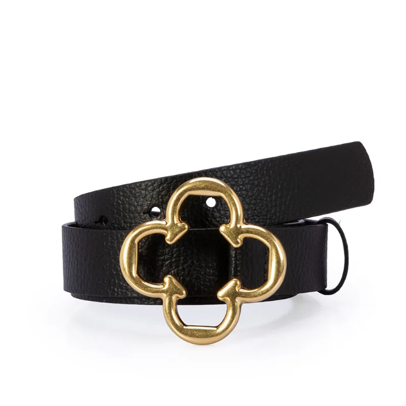 Cinto Feminino Couro Preto Fivela Trevo Dourado 90 - CAPODARTE