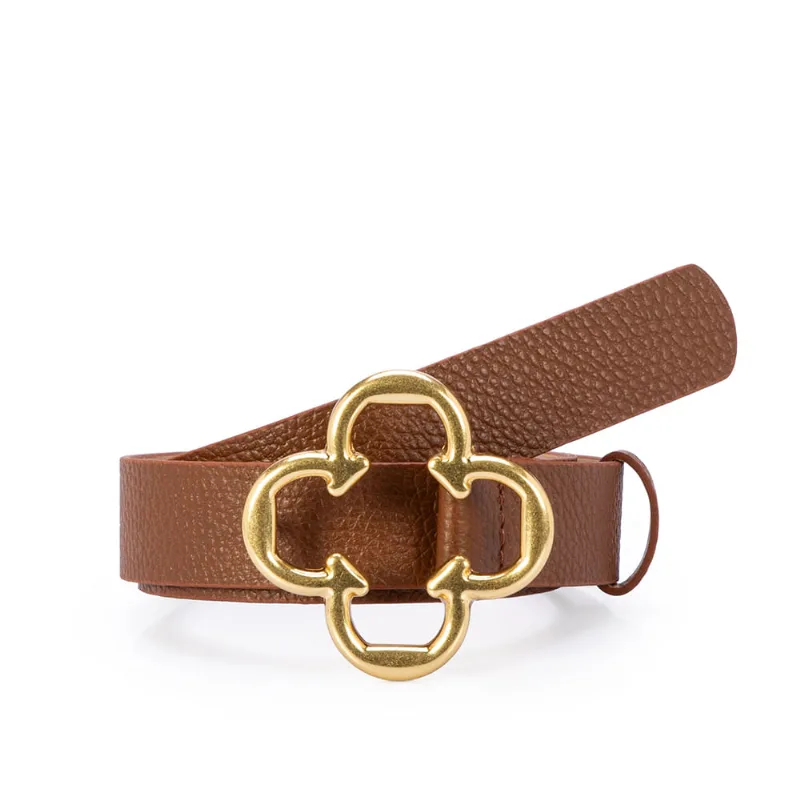 Cinto Feminino Couro Marrom Fivela Trevo Dourado 90