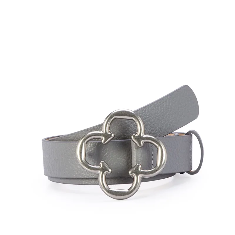 Cinto Feminino Couro Cinza Fivela Trevo Prateado 90