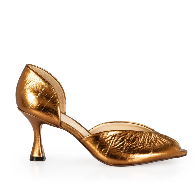 Peep Toe Salto Alto Couro Metalizado Bronze 36