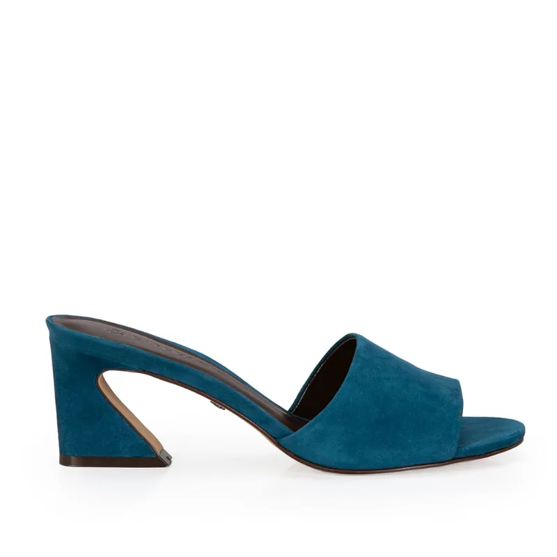 Mule Salto Médio Couro Suede Azul Cobalto 37