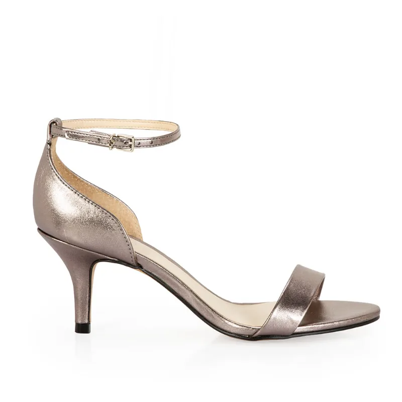 Sandália Salto Médio Couro Metalizado Cinza Pewter 35