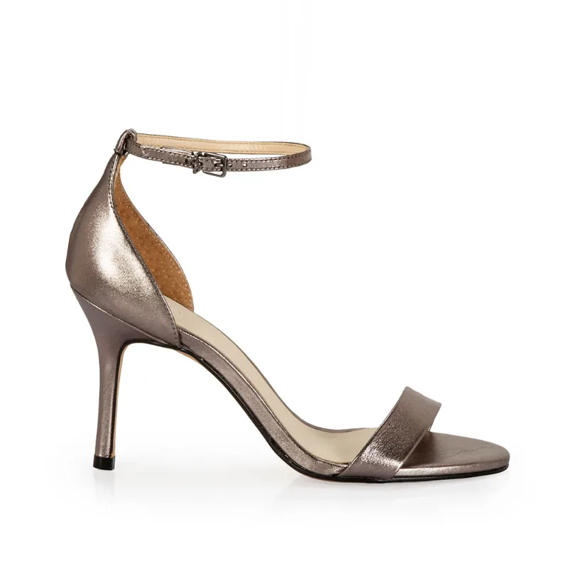 Sandália Salto Alto Couro Metalizado Cinza Pewter 36