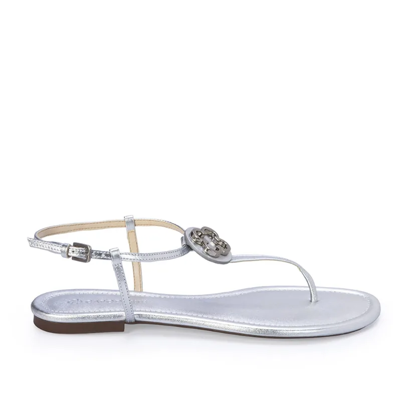 Sandália Rasteira Couro Prata 35