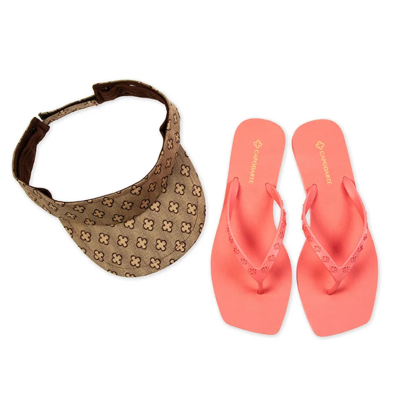 Kit Chinelo De Dedo Rosa Papaya + Viseira Monograma 35.36