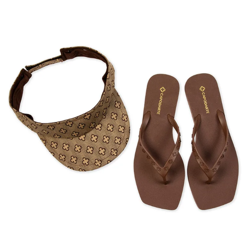 Kit Chinelo De Dedo Marrom + Viseira Monograma 37.38