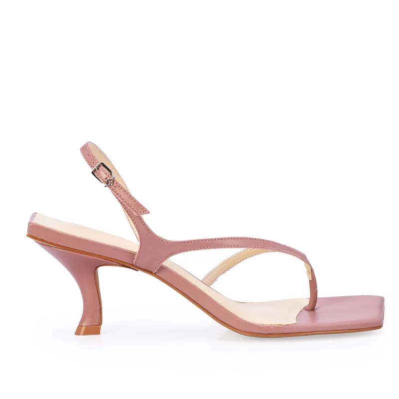 Sandália Salto Baixo Bico Quadrado Couro Rosa Malva 34