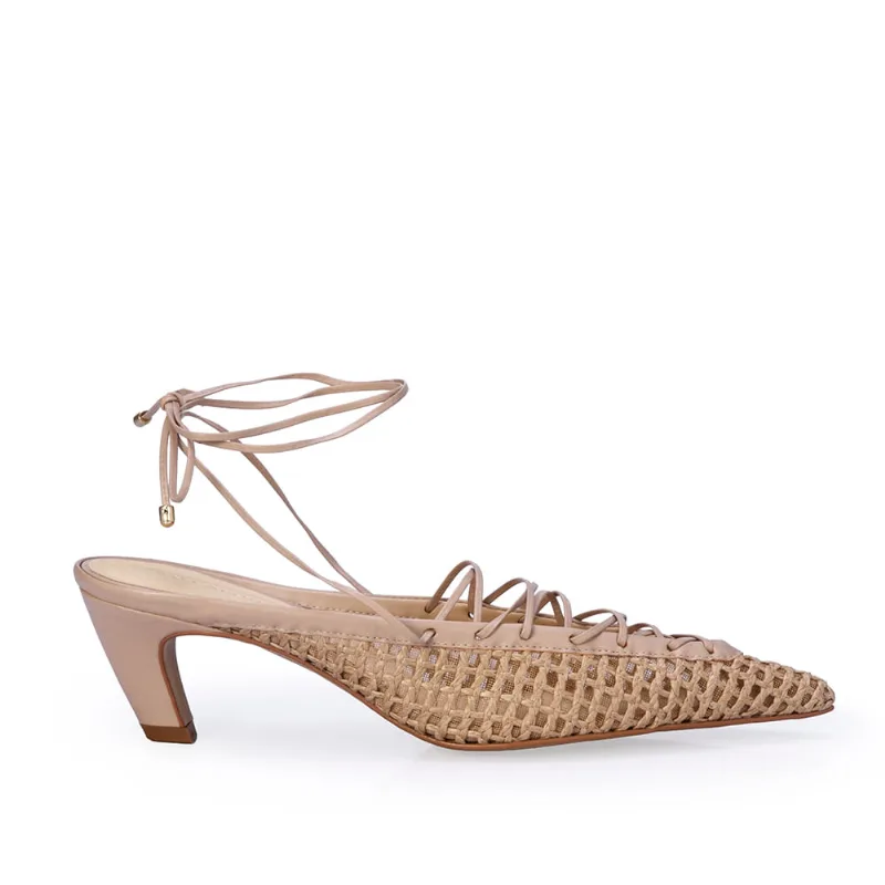 Sandália Slingback Couro Nude Seda Amarração 36