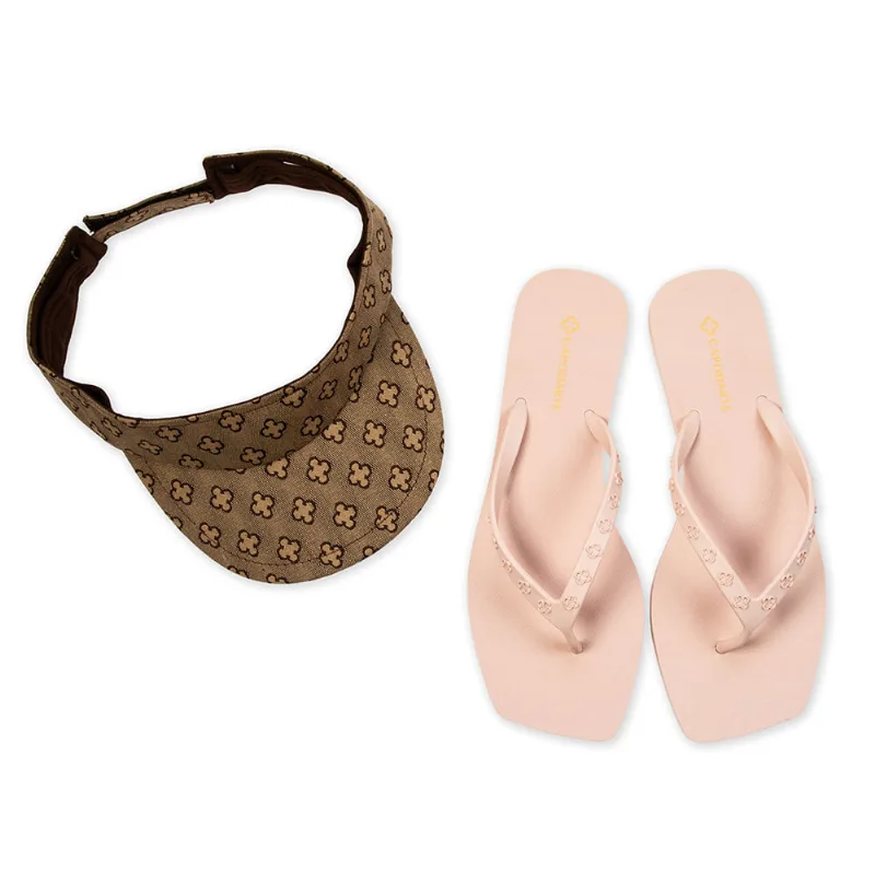 Kit Chinelo De Dedo Rosa Peônia + Viseira Monograma 35.36