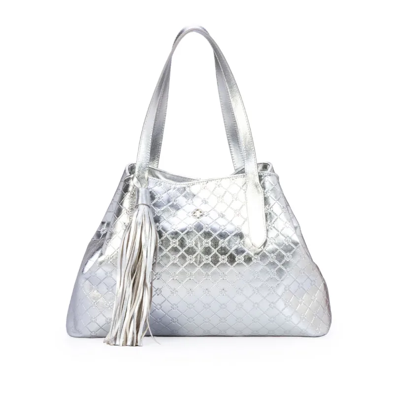 Bolsa Grande Shopper Couro Monograma Prateada - CAPODARTE - Bolsas