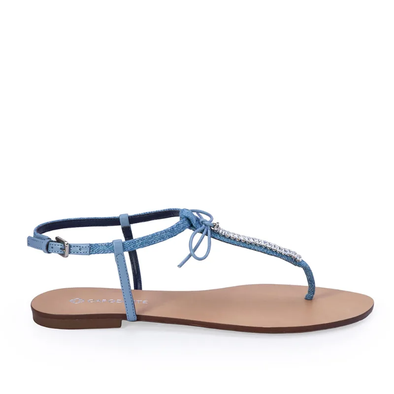 Sandália Rasteira Denim Laço com Pedrarias 38