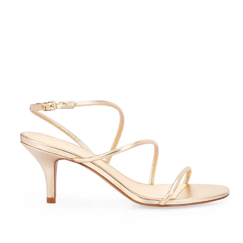 Sandália Salto Médio Fino Couro Dourada 39