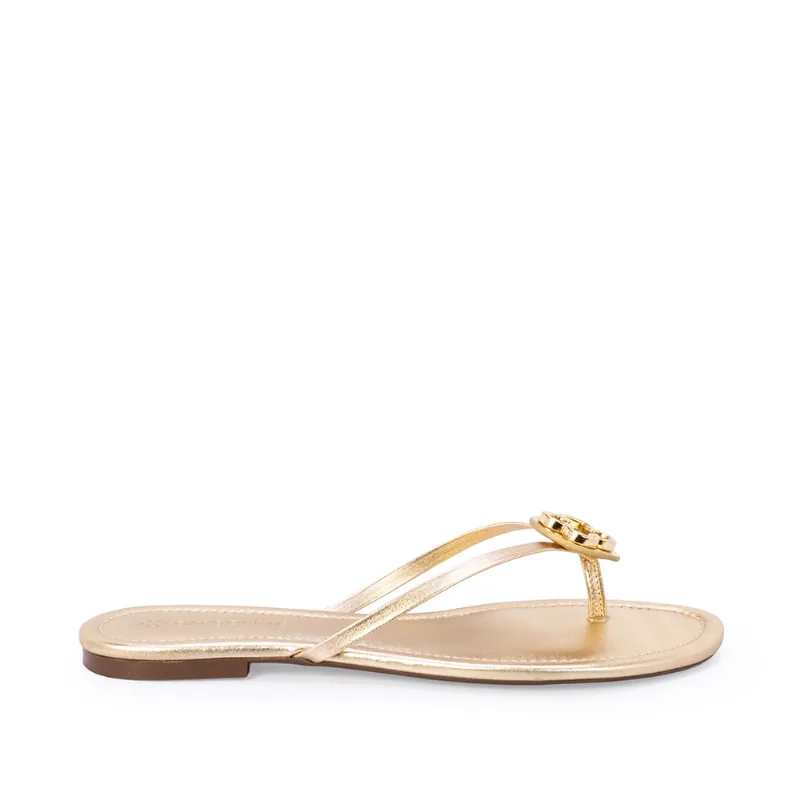 Chinelo Rasteiro de Couro Dourado Bico Redondo 34