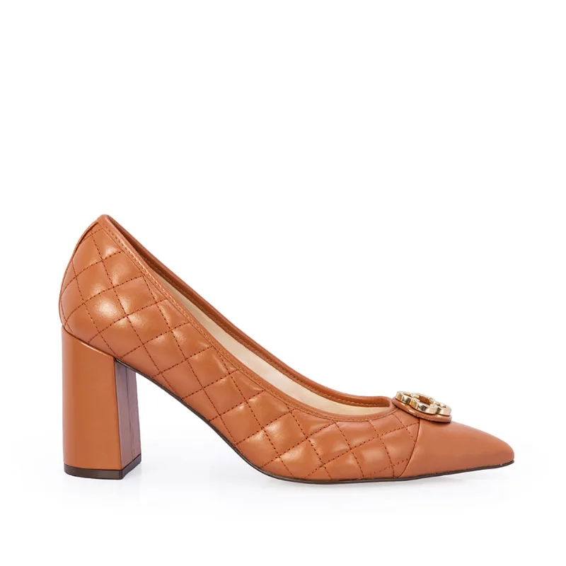 Scarpin Salto Bloco Matelassê Couro Caramelo 34 - CAPODARTE
