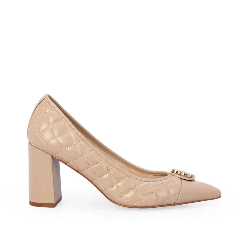 Scarpin Salto Bloco Matelassê Couro Nude Seda 39