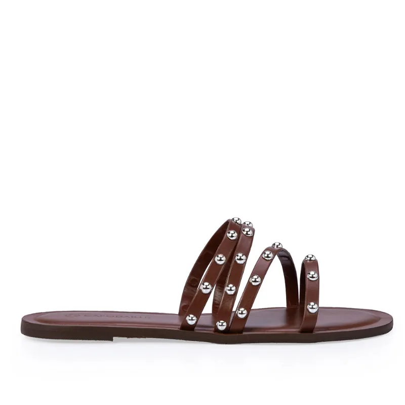 Chinelo Rasteiro De Couro Marrom Ébano Rebites 34