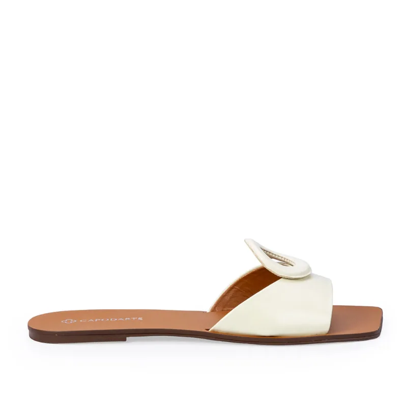 Chinelo Rasteiro De Couro Branco Bico Quadrado 40