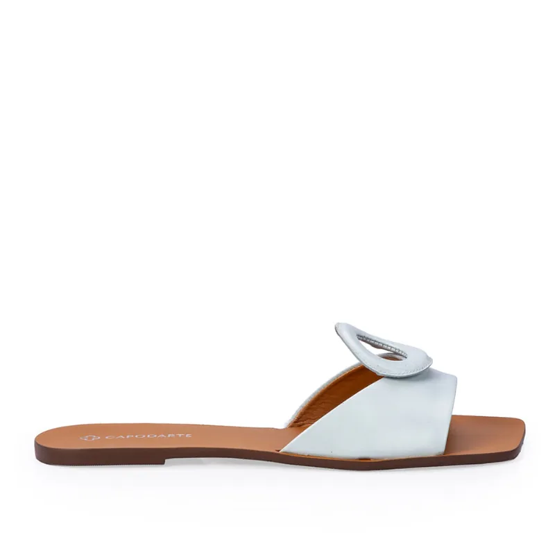 Chinelo Rasteiro De Couro Azul Turmalina Bico Quadrado 33
