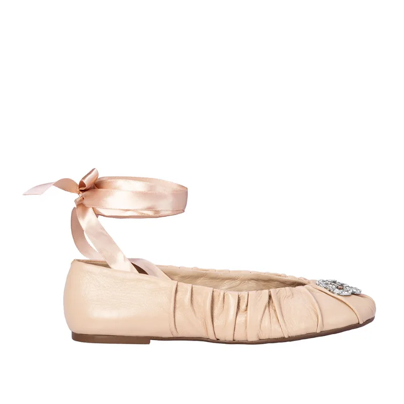Sapatilha Ballerina Fita Amarração Couro Nude Seda 36