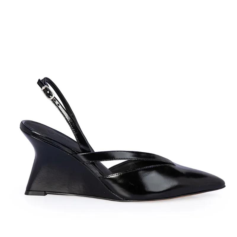 Scarpin Slingback Couro Salto Anabela Preto 36