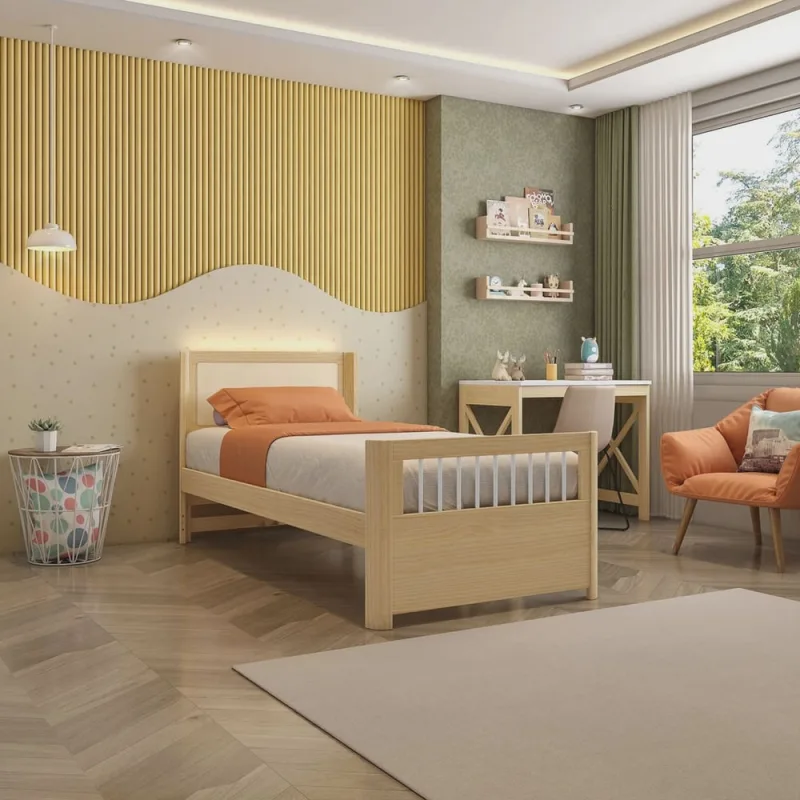 Cama Solteiro Wave Juvenil Reversivel em Rattan com Led Casatema - Não Disponível - Móveis
