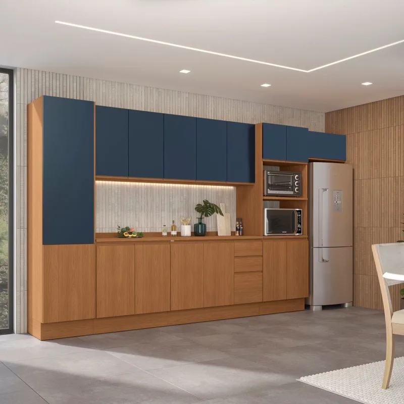 Cozinha Completa 7 Peças Com Tampo Para Cozinha Canela/azul - Não Informado - Móveis