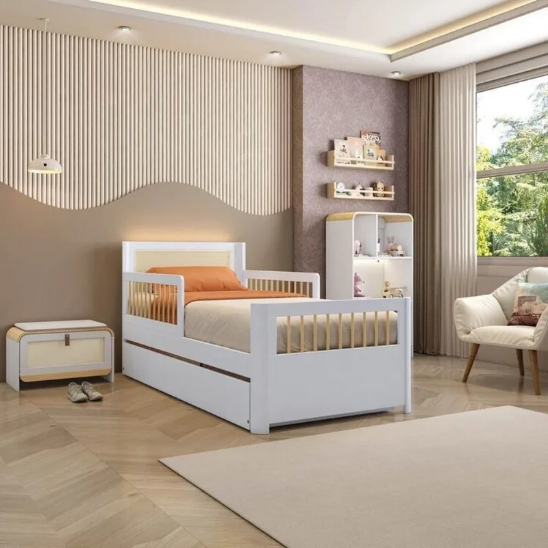Bicama Solteiro Infantil Reversível Led Com Rattan Grade De Proteção Peseira Em Palito Wave Casatema Branco