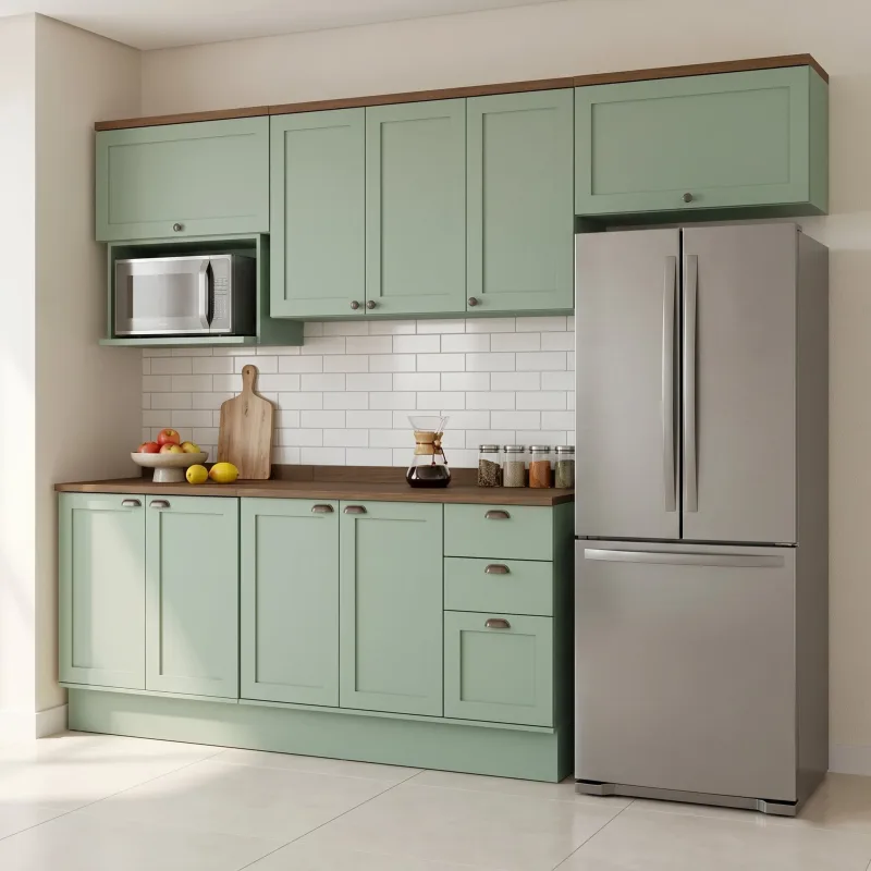 Cozinha Completa Modulada 6 Peças 100% Mdf 3 Armários Aéreos, Nicho Para Micro-ondas E 2 Balcões Com Verde Mint/ébano Fosco - Não Informado - Móveis