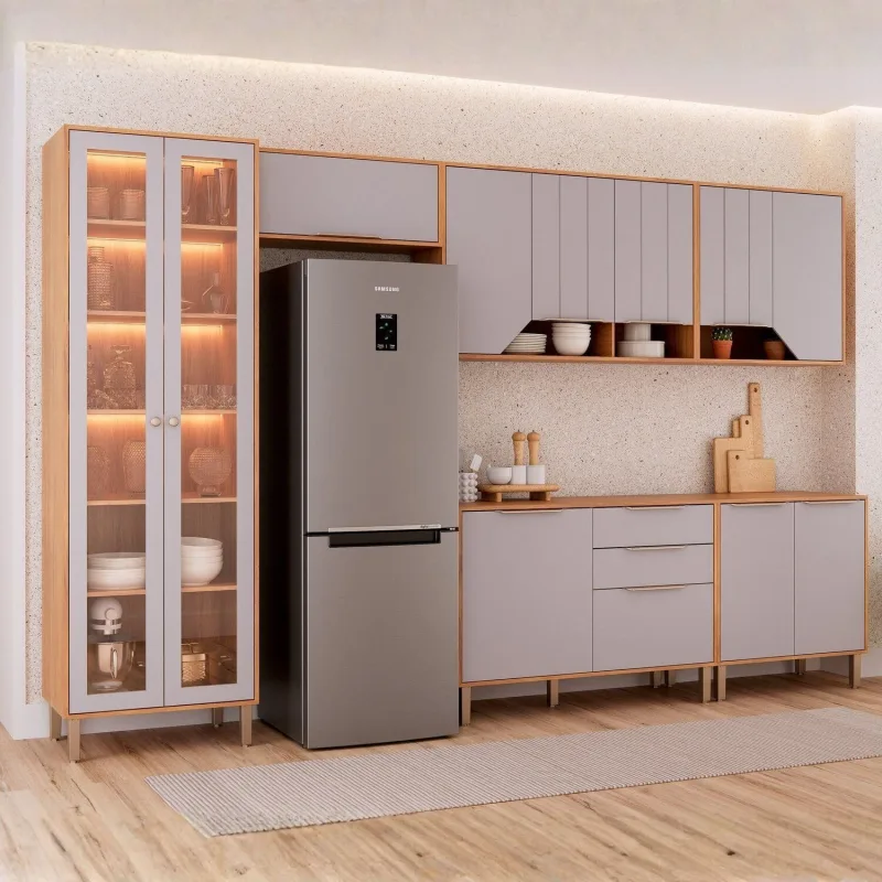 Cozinha Modulada 6 Peças Com 1 Cristaleira 2 Balcões E 3 Armários Aéreo Celeste Cinamomo/platina - Não Informado - Móveis