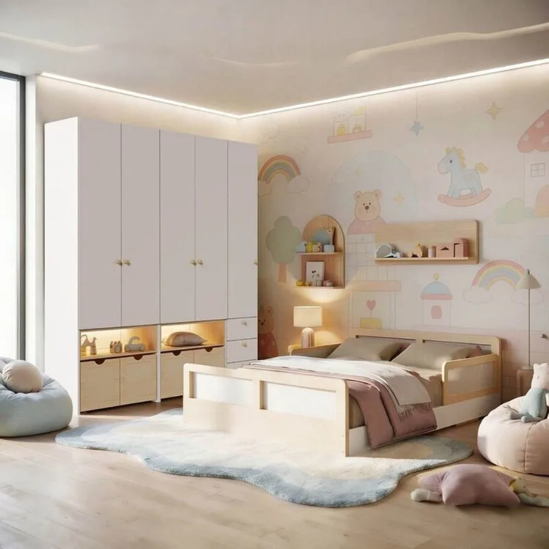 Guarda-Roupa Modulado Wave e Cama Casal Lift Casatema Branco/Marrom Branco/Natural