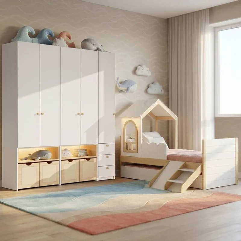 Guarda-Roupa Modulado Wave e Bicama New Garden Casatema Branco/Marrom Branco/Natural