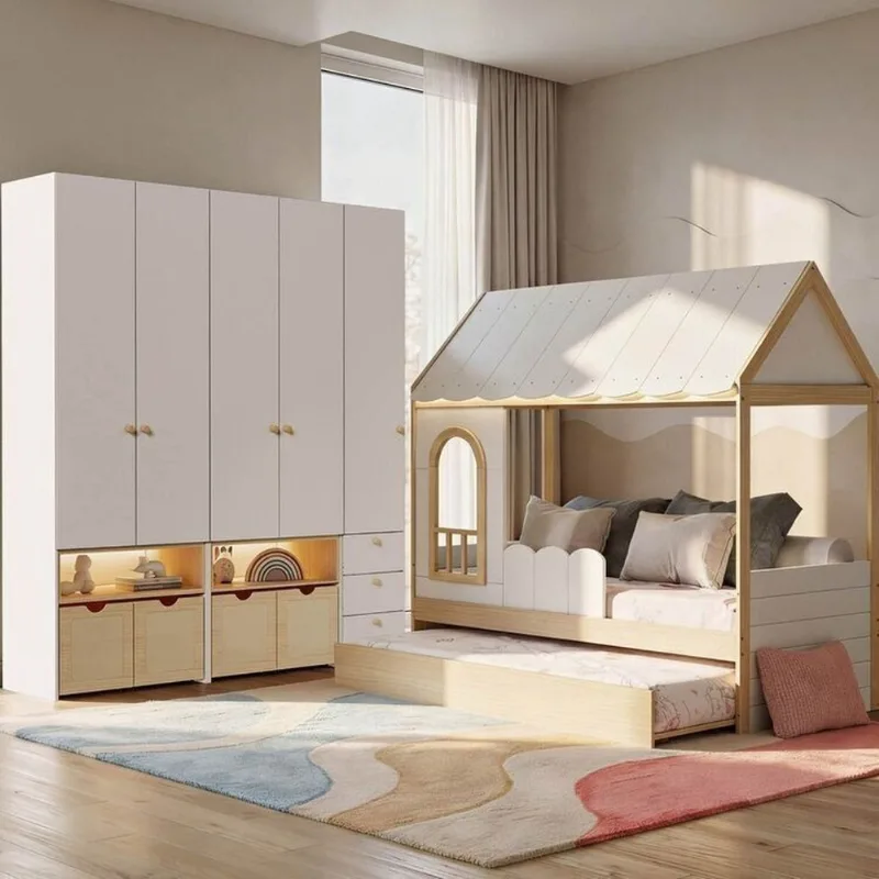 Guarda-Roupa Modulado Wave e Bicama Casinha New Garden Casatema Branco/Marrom Branco/Natural