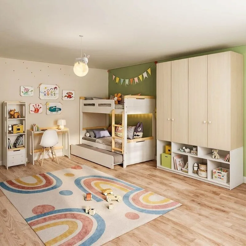 Quarto Completo Guardar-Roupa Curió, Treliche, Escrivaninha, Estante Petit Casatema MadeiraOriginal Branco/Mel