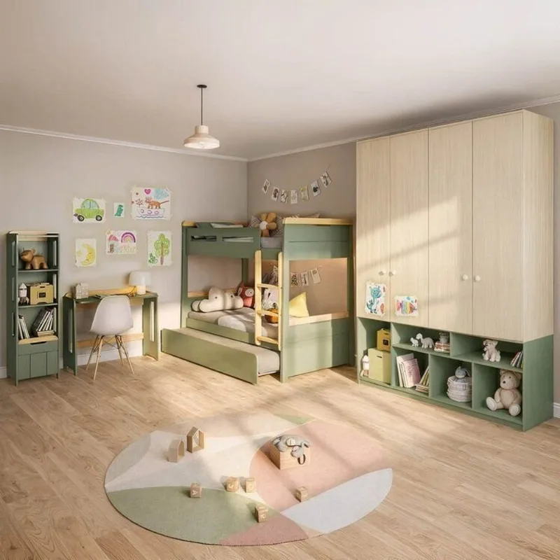 Quarto Completo Guardar-Roupa Curió, Treliche, Escrivaninha, Estante Petit Casatema Verde/Mel