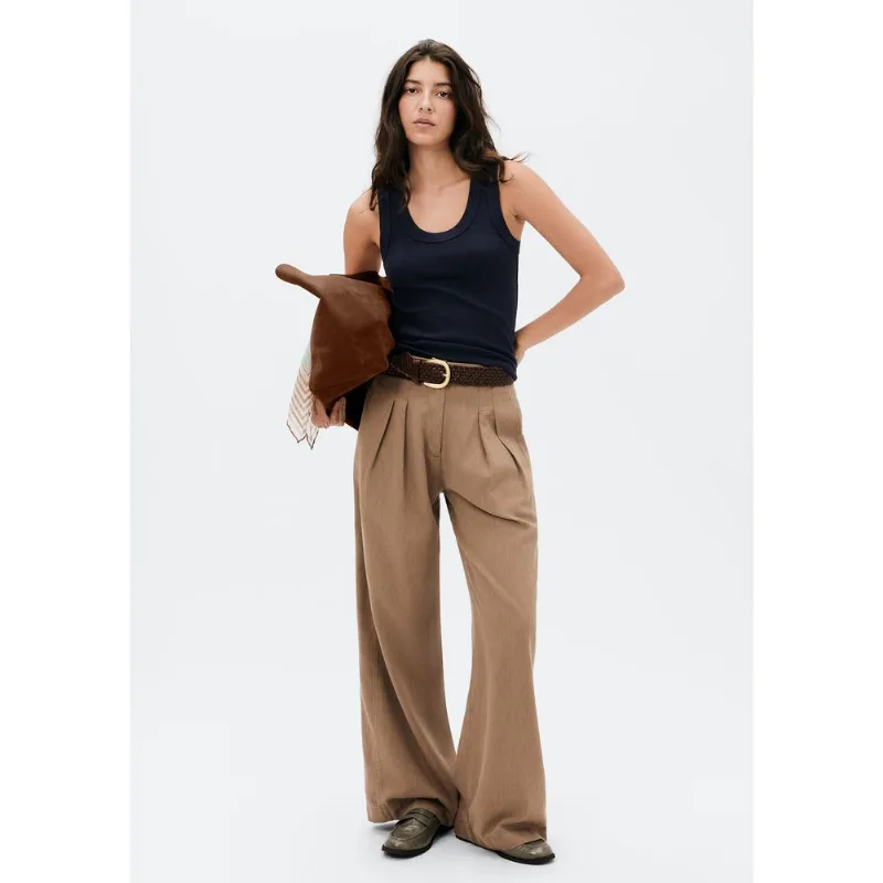 Calça Feminina Reta Cintura Média Em Liocel - Bege 040