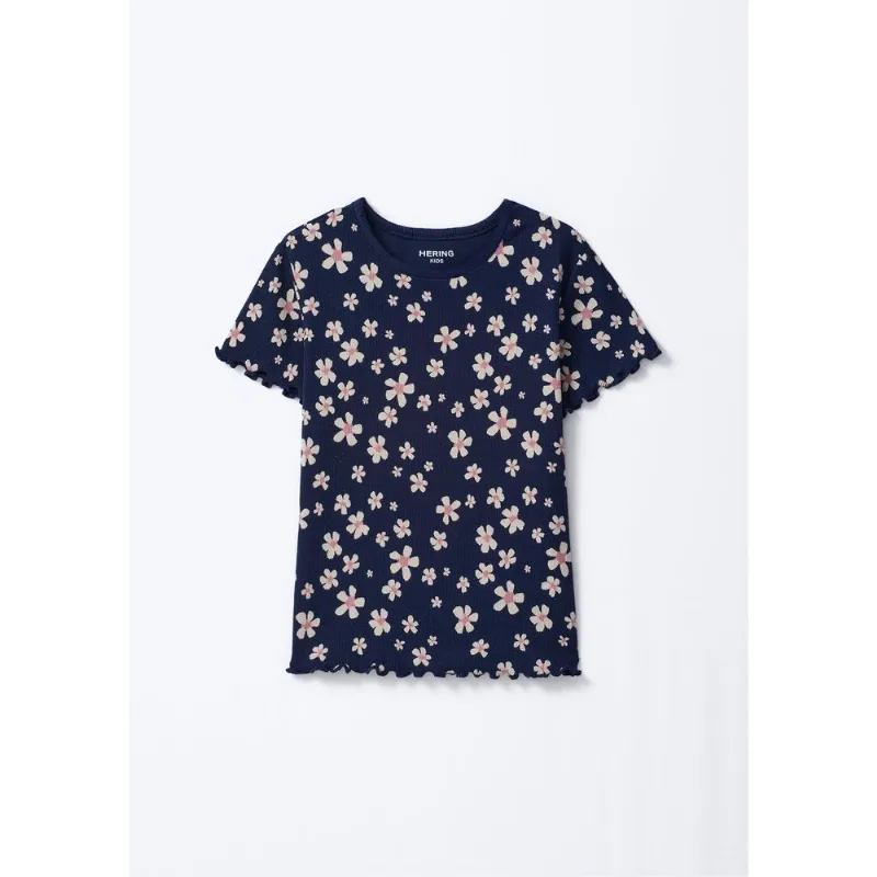Blusa Infantil Menina Manga Curta Em Ribana Estampada - Azul 008