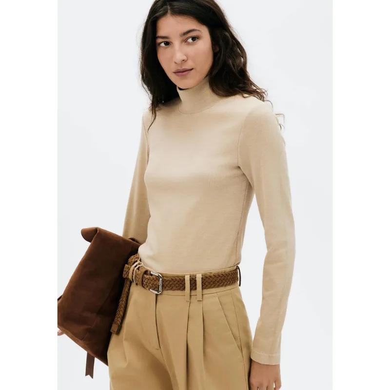Blusa Feminina Gola Alta Em Ribana - Bege M