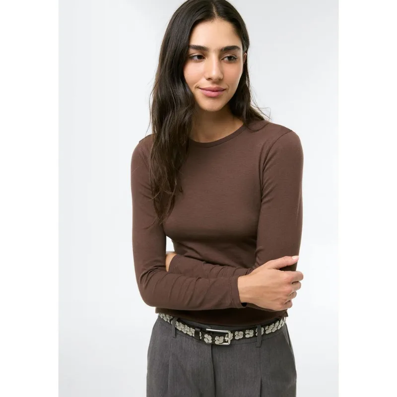 Blusa Básica Feminina Manga Longa Slim - Marrom XXG