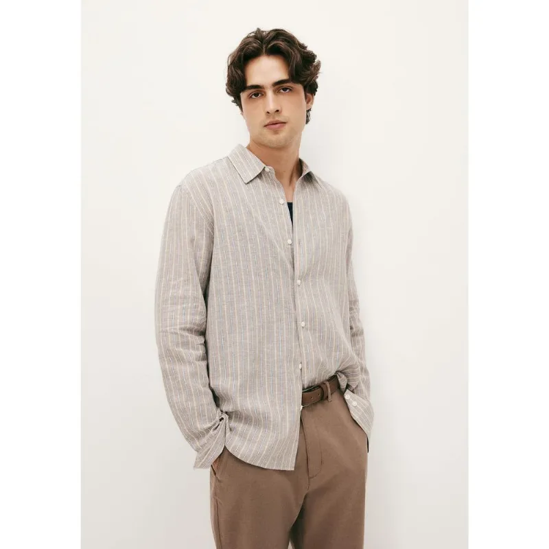 Camisa Masculina Manga Longa Listrada Em Linho - Bege M