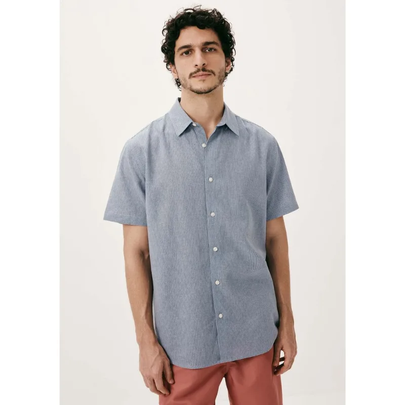 Camisa Masculina Manga Curta Fio Tinto Listrada Em Linho - Azul XXG