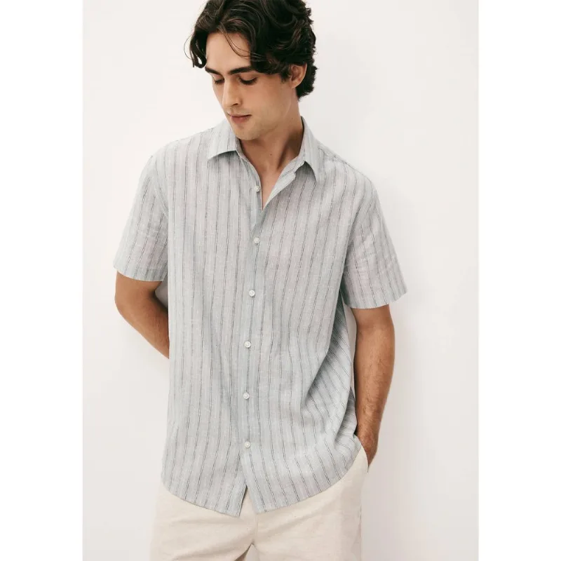 Camisa Masculina Manga Curta Fio Tinto Listrada Em Linho - Cinza XG