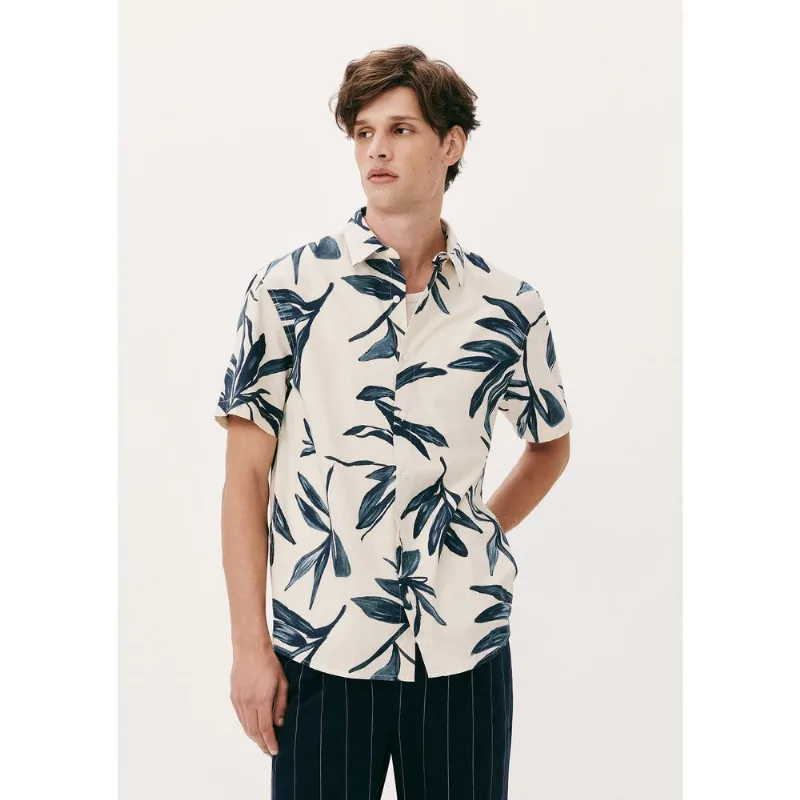 Camisa Masculina Manga Curta Estampada Com Linho - Off white P
